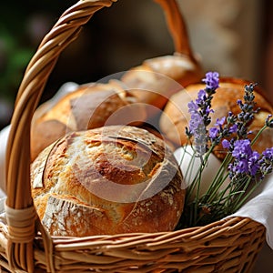 Freshly Baked Bread in a Basket with Lavender Flowers