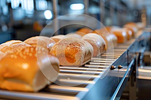 Freshly baked bread on conveyor belt in bakery