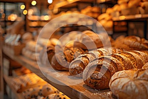 Freshly baked bread on display in artisan bakery shop