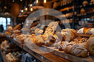 Freshly baked bread on display in artisan bakery shop