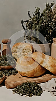 Freshly baked bread with dried herbs and rustic kitchen decor