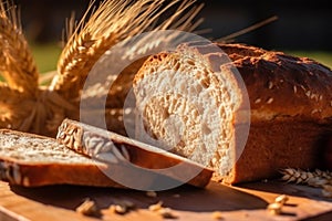 Freshly baked bread with ears of wheat on a natural background 1