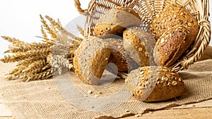 Freshly baked bread. Fresh loaf of rustic traditional bread with wheat grain ear or spike plant on linen texture background. Rye