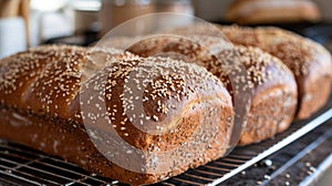 Freshly Baked Bread Loaves on Cooling Rack