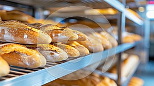 Freshly baked bread loaves on shelves in bakery