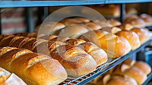 Freshly baked bread loaves on shelves in bakery