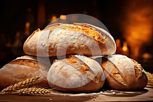 Freshly baked bread loaves on a table, set against blurred backdrop of store or bakery. Ideal for food blog, advertising