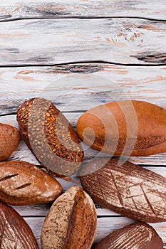 Freshly baked bread loaves, top view.