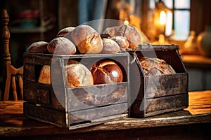 freshly baked bread loaves in a vintage wooden crate