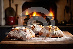 freshly baked bread loaves on wooden chopping board