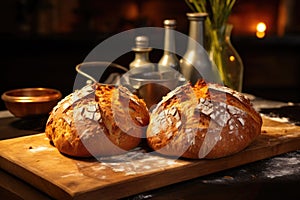 freshly baked bread loaves on wooden chopping board
