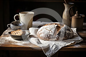 Freshly baked bread on an old wooden table in rustic kitchen interior