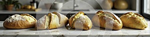 Freshly baked bread and pastries on a marble counter, counter, yeast, freshly baked