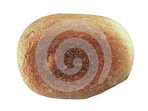 Freshly baked bread roll with a golden crust and soft texture on a plain background