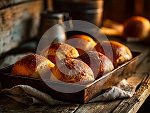 Freshly baked bread rolls in a rustic bakery setting