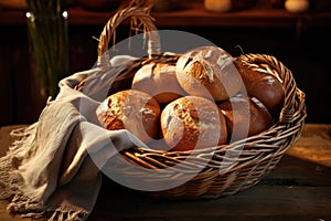 freshly baked bread rolls in a rustic basket