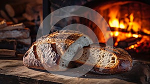 Freshly baked bread in rustic bakery with traditional oven. Food background.Generative AI