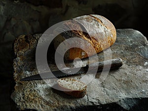 Freshly baked bread with a serrated knife on a wooden cutting board