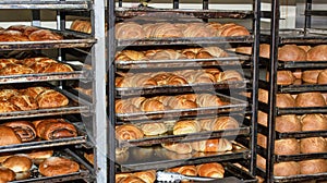 Freshly baked bread, shelves with buns. Quito, Ecuador