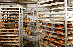Freshly baked bread on trolley in bakery