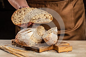 freshly baked bread. Woman hands holds bread. Food recipe background. Close up