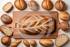 freshly baked bread on wooden cutting board on white background, art