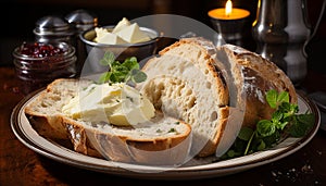 Freshly baked bread on wooden table, a delicious appetizer generated by AI