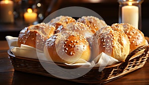 Freshly baked bread on wooden table, a gourmet snack generated by AI