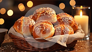 Freshly baked bread on wooden table, a homemade gourmet snack generated by AI