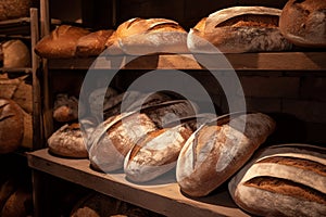 Freshly baked breads in bakery. Generate Ai photo