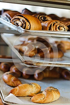 Freshly baked breads and buns at bakery house dough preparation and kneading at baking