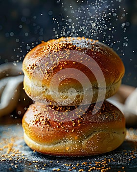 Freshly Baked Brioche Buns Sprinkled with Sesame Seeds on Dark Rustic Kitchen Background with Flour Dust Floating in the Air
