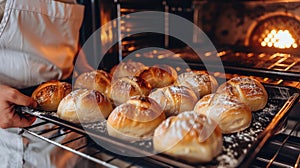 Freshly baked buns being removed from an industrial oven photo