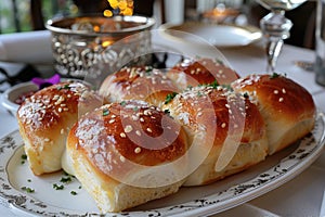 Freshly baked buns with sesame seeds on a decorative plate