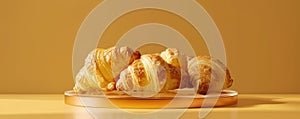 Freshly baked buttery croissants on a golden yellow background