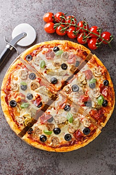 Freshly baked capricciosa pizza with artichokes, prosciutto ham, olives, mushrooms and cheese close-up on a wooden board. Vertical