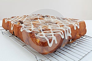 Freshly baked chelsea buns on a wire cooling rack - viewed from