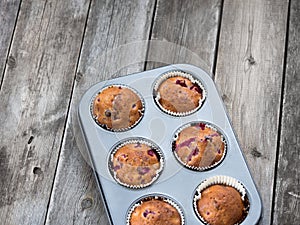 Freshly baked cherry muffins closeup in baking tray