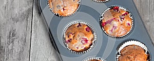 Freshly baked cherry muffins closeup in baking tray