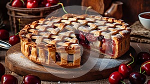 Freshly baked cherry pie on a wooden table. Generative AI.