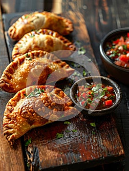 Freshly baked Chilean empanadas, savory pastries filled with a delectable mixture, served alongside a vibrant pebre photo