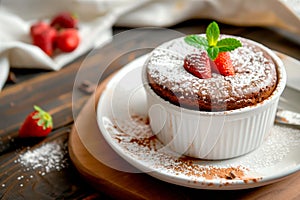 A freshly baked chocolate lava cake with a molten center. Chocolate cake or fondant powdered sugar on top