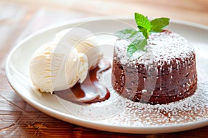 A freshly baked chocolate lava cake with a molten center. Chocolate cake or fondant powdered sugar on top