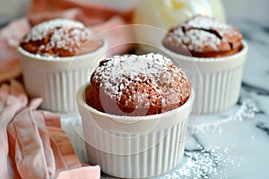 A freshly baked chocolate lava cake with a molten center. Chocolate cake or fondant powdered sugar on top