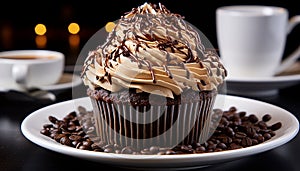 Freshly baked chocolate muffin on wooden table with coffee cup generated by AI