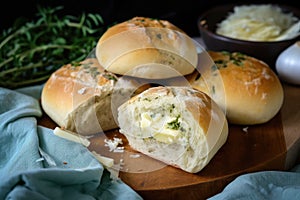 freshly baked ciabatta rolls piled high with fresh herbs and cheese
