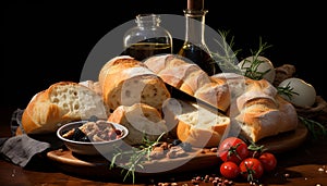 Freshly baked ciabatta on a wooden table, a gourmet appetizer generated by AI