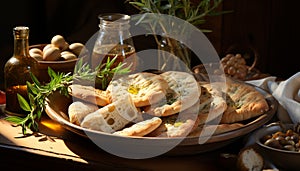 Freshly baked ciabatta on wooden table, a rustic homemade appetizer generated by AI