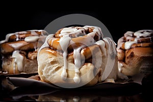 Freshly baked cinnabon rolls with sweet glaze on a black background. Generated AI