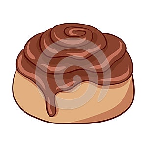 Freshly baked cinnamon roll with sweet chocolate frosting.